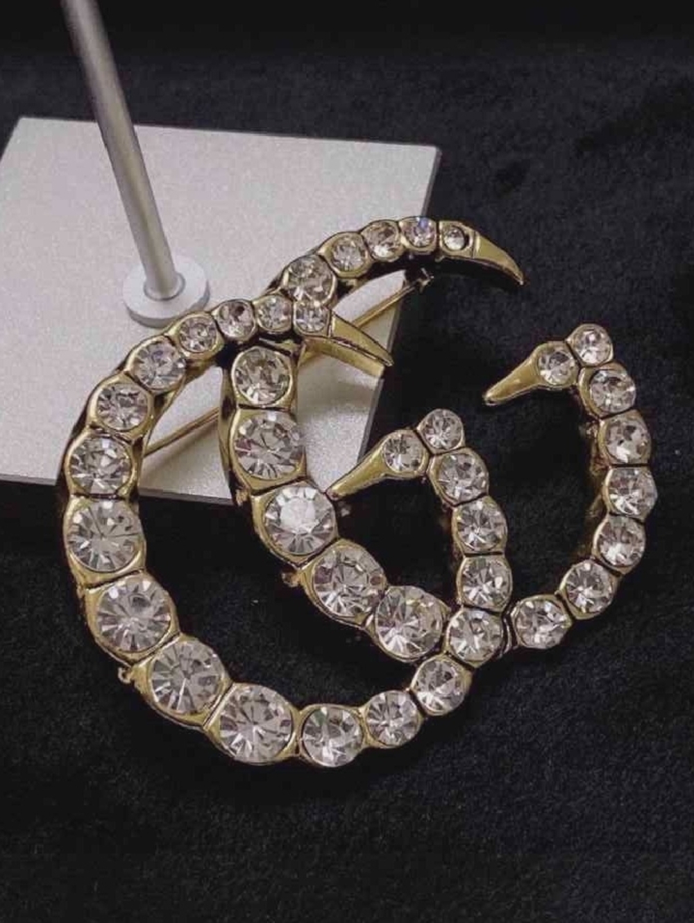 Gucci Gold-Tone Crystal Double G Pin Brooch - Picture 5 of 7
